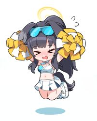 Rule 34 | &gt; &lt;, 1girl, animal ears, arms up, bare shoulders, black hair, blue archive, blush, breasts, cheerleader, chibi, cleavage, closed eyes, clothes writing, crop top, dog ears, dog girl, dog tail, eyewear on head, flying sweatdrops, full body, halo, hibiki (blue archive), hibiki (cheer squad) (blue archive), highres, holding, holding pom poms, jumping, korean commentary, kumarang, long hair, medium breasts, midair, midriff, millennium cheerleader outfit (blue archive), miniskirt, navel, open mouth, pleated skirt, pom pom (cheerleading), pom poms, ponytail, shirt, shoes, simple background, skirt, sleeveless, sneakers, solo, sunglasses, tail, white background, white footwear, white skirt, yellow halo
