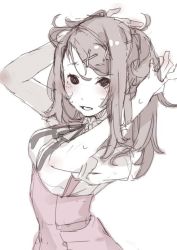Rule 34 | 1girl, black eyes, character request, copyright request, hair ornament, hairclip, hands in hair, long hair, looking at viewer, looking up, messy hair, mmlu (honwa karesu), original, ribbon, simple background, sketch, solid circle eyes, solo, white background