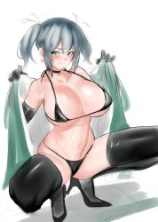 Rule 34 | 1girl, alternate eye color, alternate hair color, bikini, breasts, commentary request, elbow gloves, gloves, green eyes, green kimono, grey hair, hair ribbon, high heels, japanese clothes, kantai collection, kashima (kancolle), kimono, large breasts, micro bikini, navel, open clothes, ribbon, sidelocks, smile, solo, squatting, swimsuit, thighhighs, twintails, ulrich (tagaragakuin), wavy hair, white background