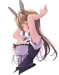Rule 34 | 1girl, animal ears, black dress, blush, breasts, brown hair, cleavage, commentary request, cropped torso, dress, highres, long hair, looking at viewer, love live!, love live! school idol project, medium breasts, mei hinamatsu, minami kotori, parted lips, puffy short sleeves, puffy sleeves, rabbit ears, rabbit pose, short sleeves, solo, upper body, white background, yellow eyes