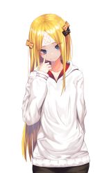 Rule 34 | 1girl, abigail williams (fate), absurdres, artist request, bad id, bad twitter id, bandaid, bandaid on face, bandaid on forehead, black bow, black panties, blonde hair, blue eyes, blush, bow, closed mouth, eyelid pull, fang, fang out, fate/grand order, fate (series), forehead, hair bow, highres, hood, hoodie, long hair, looking at viewer, orange bow, panties, parted bangs, polka dot, polka dot bow, simple background, smile, solo, sweater, underwear, white background, white sweater