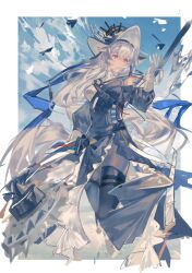 Rule 34 | 1girl, arknights, black dress, black pantyhose, circular saw, commentary request, dress, grey hair, hair between eyes, hat, highres, holding, holding weapon, lin qing (phosphorus 1104), long hair, looking to the side, pantyhose, red eyes, saw, showgirl skirt, smile, solo, specter (arknights), specter the unchained (arknights), very long hair, weapon