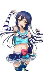 Rule 34 | 1girl, artist request, bare shoulders, blue hair, blue skirt, blush, bow, breasts, brown eyes, character name, cheerleader, collarbone, copyright name, elbow gloves, fingerless gloves, frills, gloves, headset, long hair, looking at viewer, love live!, love live! school idol festival, love live! school idol festival after school activity, love live! school idol project, midriff, navel, official art, open mouth, skirt, small breasts, smile, solo, sonoda umi, star (symbol), striped, takaramonozu, thighhighs, transparent background