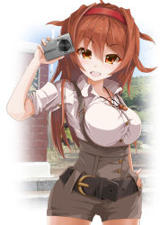 Rule 34 | 1girl, alternate costume, belt, black belt, blouse, blush, breasts, brown hair, brown shorts, camera, casual, digital camera, hair flaps, hairband, high-waist shorts, holding, holding camera, kantai collection, long hair, long sleeves, looking at viewer, momin, open mouth, orange eyes, outdoors, red hairband, remodel (kantai collection), shiratsuyu (kancolle), shirt, shorts, sleeves rolled up, smile, solo, suspenders, whistle, whistle around neck, white shirt