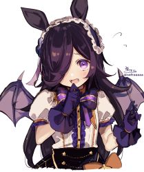 Rule 34 | 1girl, animal ears, black hair, black skirt, blush, bow, brown bow, center frills, commentary request, demon wings, fangs, flying sweatdrops, frills, gloves, hair over one eye, hand up, highres, horse ears, looking at viewer, official alternate costume, open mouth, portrait, puffy short sleeves, puffy sleeves, purple bow, purple eyes, purple gloves, purple wings, rice shower (make up vampire!) (umamusume), rice shower (umamusume), short sleeves, signature, simple background, skirt, sofra, solo, striped, striped bow, twitter username, umamusume, white background, wings