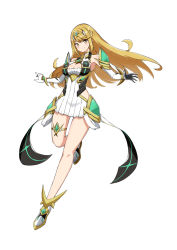 Rule 34 | absurdres, aotsuba, bare legs, bare shoulders, blonde hair, breasts, chest jewel, cleavage, cleavage cutout, clothing cutout, dress, earrings, elbow gloves, gloves, highres, jewelry, large breasts, long hair, mythra (xenoblade), short dress, swept bangs, thigh strap, tiara, very long hair, white dress, white footwear, white gloves, xenoblade chronicles (series), xenoblade chronicles 2, yellow eyes
