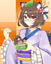 1girl animal_ears bowl brown_eyes brown_hair chopsticks glasses hair_ornament highres holding holding_bowl japanese_clothes kan_ten kimono leaf_hair_ornament purple_kimono raccoon_ears sennen_sensou_aigis simple_background smile solo tanuki thick_eyebrows upper_body wide_sleeves yashima_(sennen_sensou_aigis)