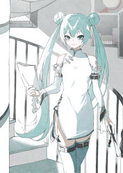 Rule 34 | 1girl, aqua eyes, aqua hair, arm belt, bare shoulders, blue eyes, breasts, china dress, chinese clothes, cowboy shot, detached sleeves, double bun, dress, folded fan, folding fan, frilled sleeves, frills, grey thighhighs, hair bun, hair ornament, hairclip, hand fan, hand up, hatsune miku, highres, holding, holding fan, holding paper, leg belt, long hair, looking at viewer, paper, railing, short dress, side-tie dress, small breasts, smile, solo, spiral staircase, stairs, suzukou, thighhighs, toggles, twintails, very long hair, vocaloid, white dress