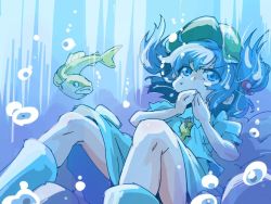 Rule 34 | 1girl, blue eyes, blue hair, covering own mouth, fish, gradient background, hair bobbles, hair ornament, hat, kawashiro nitori, key, matching hair/eyes, shinapuu, short hair, skirt, solo, striped, striped background, touhou, twintails, two side up, underwater