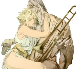 Rule 34 | 2boys, alternate universe, angel&#039;s trumpet, arms around neck, blonde hair, blue eyes, cloud strife, commentary, final fantasy, final fantasy vii, hands on another&#039;s shoulder, highres, holding, holding instrument, holding trombone, holding trumpet, instrument, light smile, long hair, looking back, looking down, male focus, multiple boys, open mouth, parted bangs, robe, sash, sephiroth, simple background, spiked hair, statue, symbol-only commentary, trombone, trumpet, upper body, white background, white tunic, xscr1205, yaoi, yellow sash