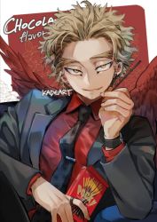 Rule 34 | 1boy, alternate costume, artist name, bad id, bad pixiv id, beard, black necktie, blonde hair, boku no hero academia, collared shirt, commentary, earrings, facial hair, feathered wings, feathers, food, hand up, hawks (boku no hero academia), highres, holding, holding food, holding pocky, jacket, jewelry, kadeart, long sleeves, looking at viewer, male focus, necktie, open clothes, open jacket, parted lips, pocky, red shirt, red wings, ring, shirt, short hair, smile, solo, spiked hair, tie clip, upper body, watch, wings, wristwatch, yellow eyes