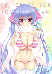 Rule 34 | 1girl, bikini, blush, breasts, cleavage, curvy, food, gloves, hair ornament, highres, huge breasts, ice cream, ice cream cone, long hair, looking at viewer, navel, oppai loli, original, purple hair, red eyes, riko (shuz), scarf, shortstack, shuz (dodidu), smile, solo, strap gap, striped bikini, striped clothes, swimsuit, thighhighs, very long hair, white gloves, white thighhighs, wide hips