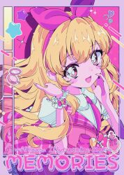Rule 34 | 1girl, :d, aikatsu!, aikatsu! (series), blonde hair, blush, bottle, bow, collared shirt, commentary request, cover, cover page, frilled skirt, frills, hair bow, hand on own face, heart, highres, hoshimiya ichigo, lipstick, long hair, looking at viewer, makeup, milon cas, necktie, open mouth, perfume bottle, pink necktie, pink skirt, pink vest, puffy short sleeves, puffy sleeves, shirt, short sleeves, skirt, smile, solo, sparkle, star (symbol), vest, white shirt