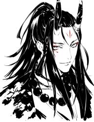 Rule 34 | 1boy, bead necklace, beads, closed mouth, collarbone, eyeshadow, facial mark, floral print, forehead mark, hair ornament, highres, horns, japanese clothes, jewelry, kimono, lam (ramdayo), looking at viewer, makeup, male focus, monochrome, necklace, nijisanji, nijisanji en, oni horns, ponytail, red eyeshadow, simple background, smile, solo, spot color, tassel, tassel hair ornament, upper body, virtual youtuber, vox akuma, vox akuma (2nd costume), white background