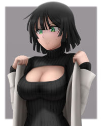 Rule 34 | 1girl, artist request, black hair, blush, breasts, cleavage, cleavage cutout, clothing cutout, female focus, fubuki (one-punch man), green eyes, highres, jacket, large breasts, meme attire, one-punch man, open-chest sweater, open clothes, open jacket, ribbed sweater, short hair, simple background, siraha, solo, sweatdrop, sweater, turtleneck