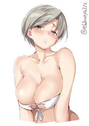 Rule 34 | 1girl, arms at sides, bikini, breast press, breasts, chitose (kancolle), collarbone, cropped arms, cropped torso, ebifurya, eyepatch bikini, front-tie top, grey eyes, grey hair, highres, kantai collection, large breasts, lips, long hair, looking at viewer, off shoulder, ponytail, simple background, solo, stomach, swimsuit, twitter username, upper body, white background, white bikini