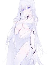 Rule 34 | 1girl, absurdres, breasts, cleavage, cleavage cutout, clothing cutout, covered erect nipples, dress, gloves, highres, large breasts, looking at viewer, miyuki (miyuki0529), navel, original, playing with own hair, purple eyes, revealing clothes, side slit, solo, thighhighs, white background, white dress, white gloves, white hair, white thighhighs