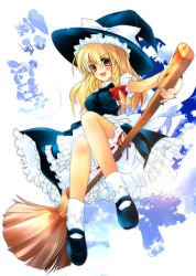 Rule 34 | 1girl, bad id, bad pixiv id, blonde hair, bloomers, breasts, broom, broom riding, dress, female focus, full body, hat, kirisame marisa, mary janes, shirokitsune, shoes, sidesaddle, sky, solo, touhou, underwear, white background, witch, witch hat, yellow eyes