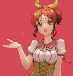 Rule 34 | 1girl, :d, abe nana, bad id, bad twitter id, bow, brown eyes, collar, collarbone, cross-laced clothes, dated, frilled collar, frilled sleeves, frills, hair bow, hand up, highres, idolmaster, idolmaster cinderella girls, kouzuki kei, looking at viewer, open mouth, orange hair, pink background, ponytail, puffy short sleeves, puffy sleeves, red ribbon, ribbon, short sleeves, sidelocks, signature, simple background, smile, solo, underbust, upper body, yellow bow