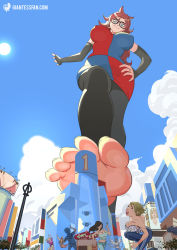 Rule 34 | android 21, barefoot, black legwear, blue eyes, blue sky, breasts, brown hair, building, city, cloud, day, dragon ball, dragon ball fighterz, dress, feet, fleeing, from below, giant, giantess, highres, huge giantess, large breasts, looking at viewer, outdoors, pantyhose, scared, sky, smile, soles, sun, toes