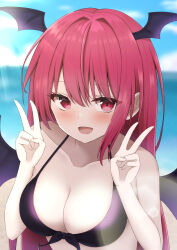 Rule 34 | 1girl, :d, absurdres, alternate costume, bare shoulders, bat wings, beach, bikini, black bikini, black wings, blurry, blurry background, blush, breasts, cleavage, collarbone, commentary request, day, double v, eyes visible through hair, hair between eyes, hands up, head wings, highres, koakuma, lens flare, light rays, long hair, looking at viewer, medium breasts, ocean, open mouth, outdoors, red eyes, red hair, smile, solo, sunlight, swimsuit, szl, touhou, upper body, v, wings