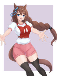 Rule 34 | 1girl, animal ears, black thighhighs, blue eyes, bow, braid, braided ponytail, brown hair, character name, commentary, ear ribbon, grey background, gym shirt, gym shorts, gym uniform, highres, horse ears, horse girl, horse tail, kemuri (etep3372), long hair, looking at viewer, low-tied long hair, open mouth, pink shorts, race bib, reaching, reaching towards viewer, shirt, short sleeves, shorts, single braid, smile, solo, standing, super creek (umamusume), t-shirt, tail, thighhighs, translated, umamusume, white shirt