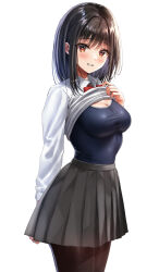Rule 34 | black hair, blush, bow, bowtie, breasts, cleavage, clothes lift, highres, large breasts, lifted by self, long sleeves, looking at viewer, medium hair, one-piece swimsuit, original, pantyhose, school swimsuit, school uniform, shirt lift, simple background, smile, standing, swimsuit, swimsuit under clothes, teeth, white background, yellow eyes, yukemuriganmo