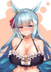 Rule 34 | 1girl, absurdres, adapted costume, animal ears, bare shoulders, bikini, blue hair, blush, braid, breasts, cleavage, commentary request, crown braid, ear ornament, frilled bikini, frills, grin, highres, horse ears, horse girl, large breasts, light blue hair, long hair, mejiro ardan (umamusume), navel, simple background, smile, solo, sweat, swimsuit, tomoru (tomanvil 3), two-tone background, umamusume, upper body, very long hair, white background
