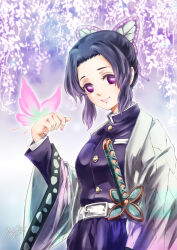 Rule 34 | 1girl, 2020, artist name, belt, belt buckle, black hair, breasts, buckle, bug, butterfly, butterfly hair ornament, butterfly on hand, buttons, closed mouth, dated, demon slayer uniform, hair ornament, haori, insect, japanese clothes, katana, kimetsu no yaiba, kochou shinobu, long sleeves, looking at viewer, medium breasts, morere, pink butterfly, pink lips, purple eyes, short hair, signature, smile, solo, sword, weapon, white belt, wide sleeves