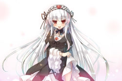 Rule 34 | 00s, 1girl, :p, asa (swallowtail), blush, detached collar, doll joints, dress, flower, frills, gothic lolita, hair between eyes, hairband, joints, lolita fashion, long hair, looking at viewer, red eyes, rozen maiden, silver hair, smile, solo, suigintou, tongue, tongue out, very long hair