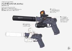 Rule 34 | 2018, arms note, character sheet, commentary request, fukai ryosuke, gun, handgun, lineart, no humans, pistol, signature, simple background, suppressor, translation request, weapon, weapon focus