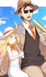 Rule 34 | 1boy, 1girl, absurdres, ahoge, billy alfred, black hair, black sweater vest, blonde hair, brown hat, brown pants, cloud, day, dress, facial hair, food, green eyes, hat, highres, ice cream, ice cream sandwich, long sleeves, outdoors, pants, shishiruto, sleeveless, stubble, sunglasses, sweater vest, tatiana (undead unluck), undead unluck, white dress