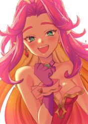 Rule 34 | 1girl, angela (seiken densetsu 3), bare shoulders, blush, breasts, cleavage, clenched hand, cross tie, dangle earrings, earrings, gem, gloves, gold trim, green eyes, green gemstone, hat, highres, jewelry, leotard, long hair, looking at viewer, medium breasts, motoko (taom), open mouth, parted bangs, pointy ears, purple gloves, purple hair, purple hat, red leotard, seiken densetsu, seiken densetsu 3, sidelocks, smile, solo, sparkle, strapless, strapless leotard, upper body, white background, wrist cuffs