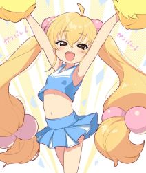 Rule 34 | 1girl, ahoge, armpits, arms up, blonde hair, blue shirt, blue skirt, blush, breasts, brown eyes, cheerleader, child, commentary request, confetti, dot nose, hair bobbles, hair ornament, half-closed eyes, highres, jigatei (omijin), kodomo no jikan, kokonoe rin, long hair, looking at viewer, navel, open mouth, polka dot, polka dot background, pom pom (cheerleading), shirt, skirt, sleeveless, sleeveless shirt, small breasts, solo, stomach, teeth, thighs, translation request, twintails, upper teeth only, very long hair, yellow background
