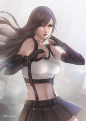 Rule 34 | black skirt, blurry, blurry background, breasts, brown eyes, commentary, earrings, elbow gloves, elbow pads, final fantasy, final fantasy vii, final fantasy vii remake, fingerless gloves, gloves, grey background, jewelry, large breasts, leirix, long hair, low-tied long hair, midriff, miniskirt, pink lips, shirt, skirt, solo, suspender skirt, suspenders, tank top, taut clothes, taut shirt, tifa lockhart