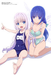Rule 34 | 2girls, absurdres, angel wings, arm support, barefoot, blue eyes, blue hair, blue skirt, blunt bangs, breasts, brushing hair, cleavage, closed mouth, collarbone, comb, covered navel, female focus, frilled swimsuit, frills, genderswap, genderswap (mtf), highres, holding, holding comb, kenja no deshi wo nanoru kenja, kneeling, mariana (kenja), medium breasts, megami magazine, mira (kendeshi), multiple girls, name tag, official art, old school swimsuit, one-piece swimsuit, open mouth, outstretched arm, pointing, scan, school swimsuit, simple background, sitting, skirt, small breasts, smile, soles, swimsuit, toes, white background, white hair, wings