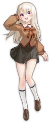 Rule 34 | 1girl, black skirt, blush, breasts, brown footwear, brown shirt, collared shirt, fate/kaleid liner prisma illya, fate (series), full body, hair between eyes, homurahara academy school uniform, illyasviel von einzbern, kneehighs, loafers, long hair, long sleeves, looking at viewer, mahjong soul, neck ribbon, official art, open mouth, pleated skirt, red eyes, red ribbon, ribbon, sailor collar, school uniform, shirt, shoes, sidelocks, skirt, small breasts, smile, socks, solo, white hair, white sailor collar