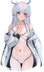 Rule 34 | 1girl, absurdres, bikini, blue archive, blush, breasts, cowboy shot, halo, hand on own chest, highres, jacket, large breasts, long hair, long sleeves, looking at viewer, navel, noa (blue archive), open clothes, open jacket, parted lips, purple eyes, rerrere, solo, standing, stomach, swimsuit, very long hair, white bikini, white hair, white jacket