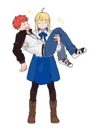 Rule 34 | &gt;:), 1boy, 1girl, :d, ahoge, artoria pendragon (fate), blonde hair, carrying, emiya shirou, closed eyes, fate/stay night, fate (series), full body, jacket, open mouth, pantyhose, princess carry, red hair, ribbon, saber (fate), simple background, smile, smug, sparkle, sweat, trimcoco, white background