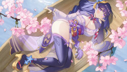 Rule 34 | 1girl, :o, black thighhighs, boat, branch, breasts, bridal gauntlets, cherry blossoms, cleavage, feet, genshin impact, high heels, highres, japanese clothes, kimono, large breasts, long sleeves, looking at viewer, lying, obi, off shoulder, on side, open mouth, petals, platform clogs, platform footwear, purple eyes, purple hair, purple kimono, raiden shogun, red sash, sash, shrug (clothing), solo, thighhighs, thighs, toes, vision (genshin impact), water, watercraft, wide sleeves, zzo (chorizzzzo)
