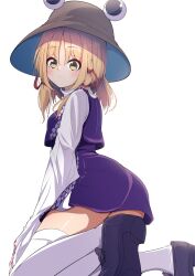 Rule 34 | 1girl, :o, absurdres, arched back, ass, black footwear, blonde hair, blush, breasts, brown hat, commentary request, darumoon, from behind, full body, hair ornament, hair ribbon, hat, highres, horizontal pupils, kneeling, light blush, loafers, long sleeves, looking at viewer, medium hair, miniskirt, moriya suwako, open mouth, parted bangs, purple skirt, purple vest, red ribbon, ribbon, shirt, shoes, simple background, skirt, skirt set, small breasts, solo, thighhighs, touhou, turtleneck, vest, white background, white shirt, white thighhighs, wide sleeves, yellow eyes