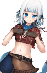 Rule 34 | 1girl, absurdres, advarcher, bandana, belt, belt buckle, black belt, blue eyes, blue hair, blue skirt, braid, brown gloves, buckle, closed mouth, cowgirl (western), crop top, denim, denim skirt, dutch angle, eyebrows hidden by hair, fingerless gloves, fins, fish tail, fringe trim, gawr gura, gloves, hair ornament, hands up, highres, hololive, hololive english, looking at viewer, midriff, multicolored hair, navel, plaid, plaid shirt, red shirt, shark tail, shirt, short sleeves, simple background, skirt, smile, solo, streaked hair, tail, tied shirt, two side up, virtual youtuber, white background