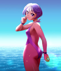 Rule 34 | 1girl, asada okina, ass, bare shoulders, breasts, day, dokidoki! precure, from behind, kenzaki makoto, looking at viewer, looking back, ocean, one-piece swimsuit, precure, purple eyes, purple hair, purple one-piece swimsuit, shiny clothes, shiny skin, short hair, small breasts, smile, solo, standing, swimsuit, water