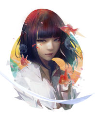 Rule 34 | 1girl, abstract, black hair, blue eyes, blunt bangs, bob cut, closed mouth, collared shirt, commentary, fish, goldfish, highres, lips, looking at viewer, original, shirt, short hair, simple background, solo, wataboku, white background, white shirt, wing collar