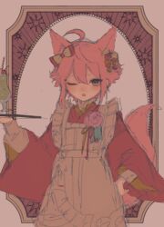 Rule 34 | 1boy, androgynous, animal ears, apron, cocktail glass, cup, drinking glass, ensemble stars!, fox boy, fox ears, fox tail, green eyes, hand on own hip, highres, himemiya tori, holding, holding tray, japanese clothes, kimono, koi koi cafe (ensemble stars!), male focus, official alternate costume, one eye closed, open mouth, pink hair, qdfkos, red kimono, short hair, short hair with long locks, solo, tail, tray, white apron
