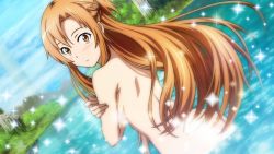 Rule 34 | 1girl, asuna (sao), blush, brown eyes, brown hair, completely nude, game cg, highres, lake, long hair, looking at viewer, looking back, nude, solo, sparkle, sword art online, sword art online: hollow fragment, water