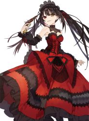 Rule 34 | 1girl, absurdres, black hair, choker, clock eyes, collair (cono), collarbone, date a live, detached sleeves, dress, from below, gothic lolita, gun, hair ribbon, hairband, heterochromia, highres, holding, holding gun, holding weapon, lolita fashion, lolita hairband, long hair, looking at viewer, official art, parted lips, red dress, red eyes, red ribbon, ribbon, simple background, smile, solo, standing, strapless, strapless dress, symbol-shaped pupils, tokisaki kurumi, twintails, very long hair, weapon, white background, yellow eyes