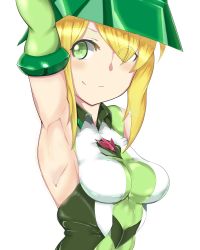 Rule 34 | 1girl, akatsuki kirika, arm up, armpits, bare shoulders, blonde hair, blush, breasts, closed mouth, commentary request, elbow gloves, eyes visible through hair, gloves, green eyes, green leotard, headgear, highres, leotard, looking at viewer, medium breasts, nori (masukudo), senki zesshou symphogear, shiny clothes, shiny skin, short hair, simple background, skin tight, solo, white background