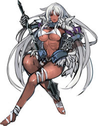 Rule 34 | 1girl, bikini, bikini top only, breasts, collar, dark-skinned female, dark skin, gauntlets, highres, large breasts, long hair, polearm, pupps, red eyes, silver hair, simple background, solo, spear, spiked collar, spikes, swimsuit, very long hair, weapon, white background, white bikini