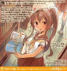 Rule 34 | 10s, 1girl, :d, alternate costume, book, bookshelf, brown eyes, brown hair, colored pencil (medium), commentary request, dated, hair between eyes, holding, holding book, kantai collection, kirisawa juuzou, long hair, neckerchief, numbered, open mouth, pleated skirt, ponytail, red sailor collar, red skirt, sailor collar, school uniform, serafuku, short sleeves, sidelocks, skirt, smile, solo focus, traditional media, translation request, twitter username, yamato (kancolle), yellow neckerchief